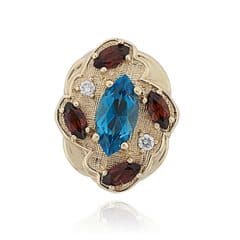 SL612 14kt Yellow Gold Swiss Blue Topaz and Garnet and Diamond top